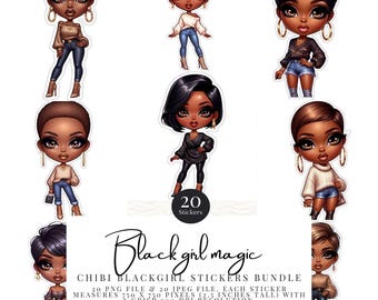 20 Black Girl Magic Digital Stickers | GoodNotes Stickers | PNG & JPG Files | Printable Stickers , Limited Commercial Use , melanin , Chibi