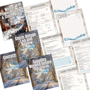 May include: A set of winter storm preparedness planners and checklists. The planner includes sections for household snapshots, storm outage logs, contact lists, and supply checklists. The covers feature winter scenes with text like "Winter Power-outage & Storm Prep PLANNER."