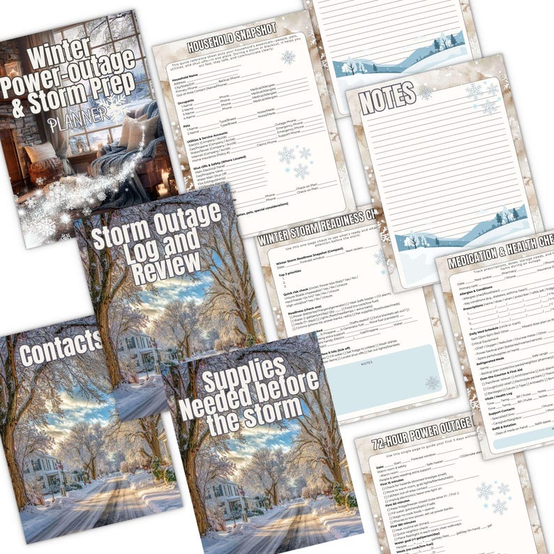 May include: A set of winter storm preparedness planners and checklists. The planner includes sections for household snapshots, storm outage logs, contact lists, and supply checklists. The covers feature winter scenes with text like "Winter Power-outage & Storm Prep PLANNER."