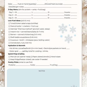 May include: A printable no-cook/low-fuel meal planner with a winter theme. The planner includes sections for a 3-day menu, low-fuel meal ideas, hydration, quick prep, and pantry picks. The text is in black on a light background.