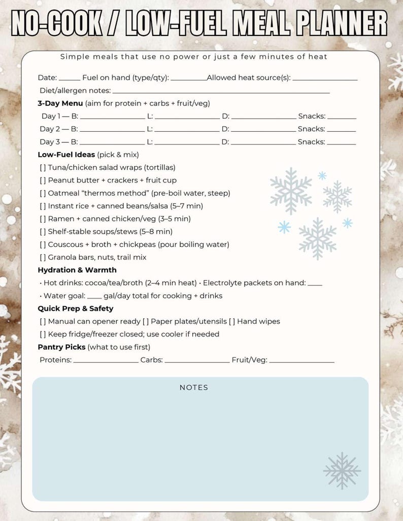 May include: A printable no-cook/low-fuel meal planner with a winter theme. The planner includes sections for a 3-day menu, low-fuel meal ideas, hydration, quick prep, and pantry picks. The text is in black on a light background.
