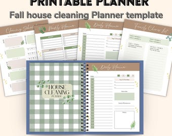 May include: A printable house cleaning planner with a green and white gingham pattern and a floral design. The planner includes a cleaning schedule, weekly planner, daily planner, and a family chore list. The planner has 39 pages and is designed to be printed at home.
