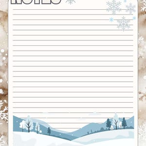 May include: Lined notepad with a winter theme. The top of the page has the word "NOTES" in a grey font. The bottom of the page has a blue and white winter landscape illustration. Snowflakes are scattered around the edges.