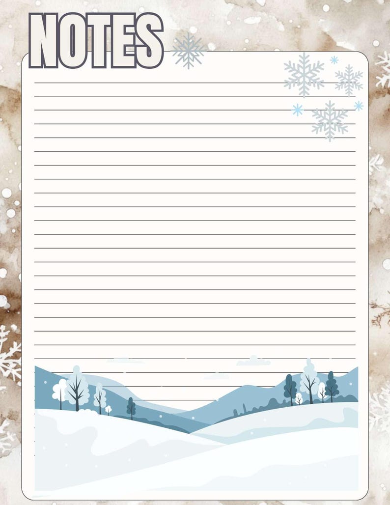 May include: Lined notepad with a winter theme. The top of the page has the word "NOTES" in a grey font. The bottom of the page has a blue and white winter landscape illustration. Snowflakes are scattered around the edges.