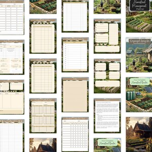 May include: A collection of printable homestead planner pages with various layouts for tracking finances, projects, and daily tasks. The pages feature a neutral color scheme with a rustic aesthetic, and include the text "Homestead Management Planner" and "Your Complete Homestead Binder".