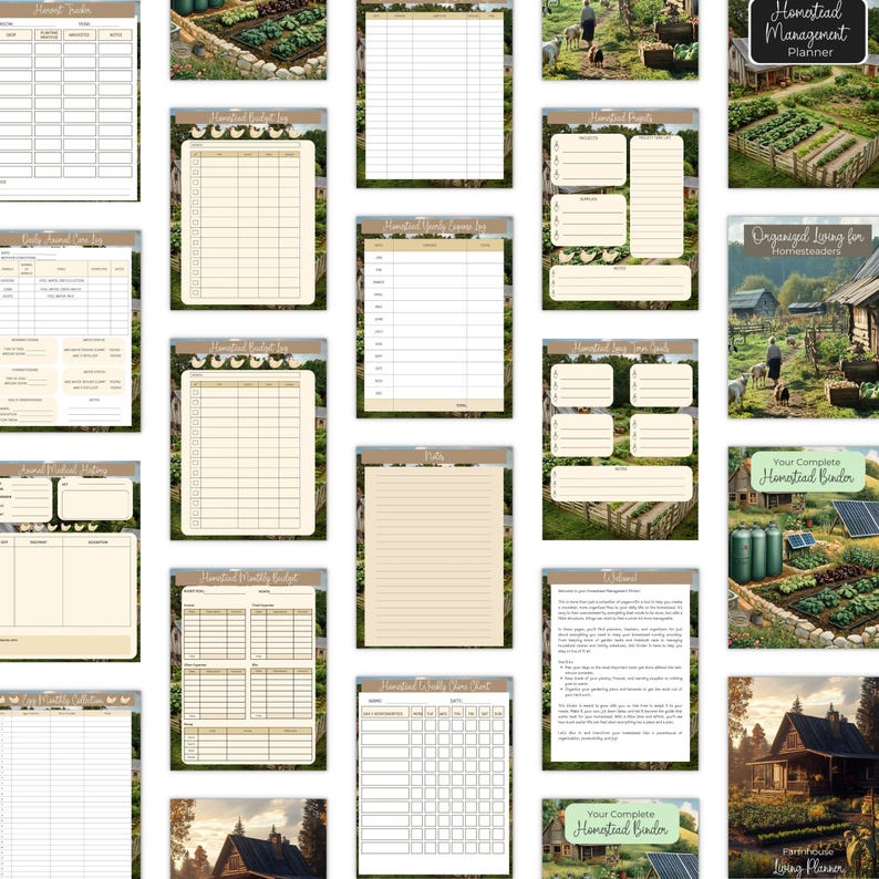 May include: A collection of printable homestead planner pages with various layouts for tracking finances, projects, and daily tasks. The pages feature a neutral color scheme with a rustic aesthetic, and include the text "Homestead Management Planner" and "Your Complete Homestead Binder".