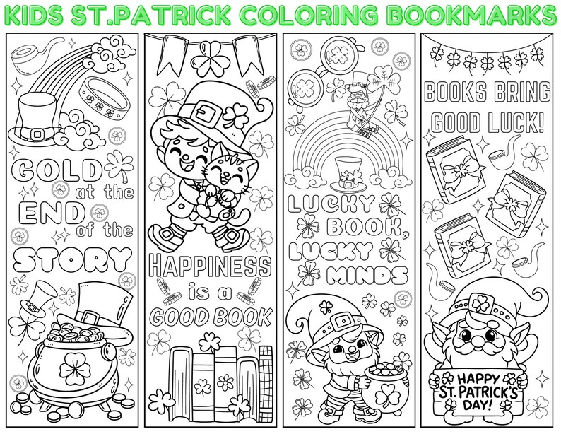 St Patricks Day Coloring Bookmarks Printable,kids Shamrock Bookmark to ...