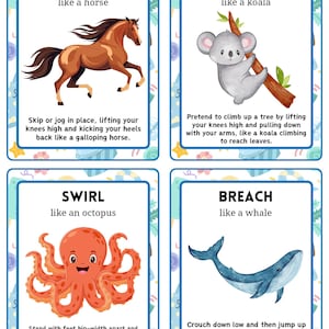 May include: Four illustrated cards with instructions for physical activities. The cards feature a horse, koala, octopus, and whale. Each card has a title and instructions. The activities include galloping, climbing, swirling, and breaching.