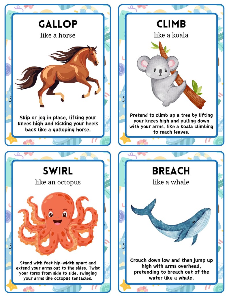 May include: Four illustrated cards with instructions for physical activities. The cards feature a horse, koala, octopus, and whale. Each card has a title and instructions. The activities include galloping, climbing, swirling, and breaching.