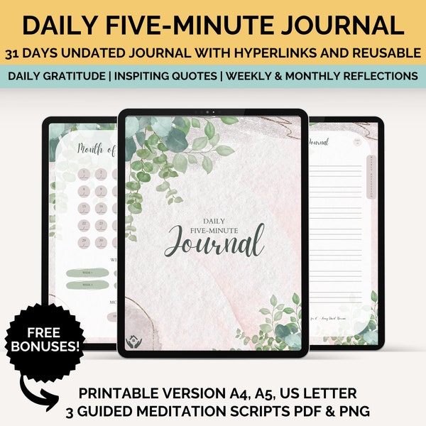 Five Minute Journal Digital, Self Reflection Digital Journal With Prompts, Daily Journaling, Morning Journal, Night Journal, Therapy Journal