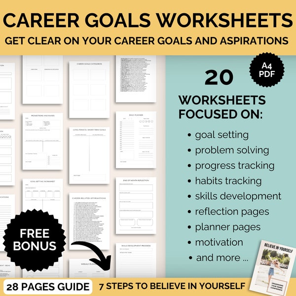 Career Goals Worksheets Bundle: Printable Worksheet for Goal Setting, Goal Tracking, Career Motivation & Confidence Boost - Instant Download