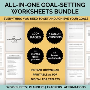 All-In-One Goal Setting Worksheets Bundle, Printable Goal Planner Bundle, Smart Goal Template, Goal Progress Tracker and Motivational Cards