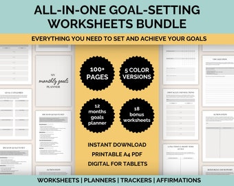 All-In-One Goal Setting Worksheets Bundle, Printable Goal Planner Bundle, Smart Goal Template, Goal Progress Tracker and Motivational Cards