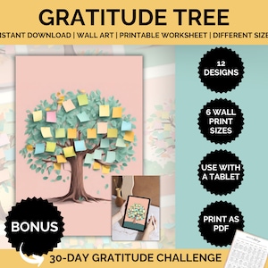 Afdrukbaar dankbaarheidsboom, dagelijkse dankbaarheid, positieve gedachten, positieve muurkunst, positief muurwoord, dagelijkse affirmaties, positieve genezing