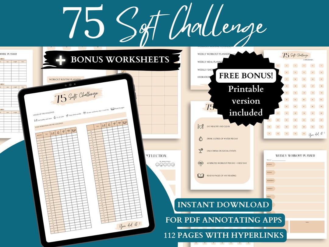 75 Soft Challenge Tracker Goodnotes Template Daily Routine Workout Planner Exercise Tracker