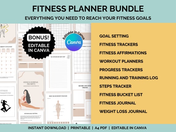 Fitness Planner Bundle for Weight Loss, Fitness Tracker and Workout Planner, 30 Day Challenge, Running Tracker, Editable Templates Canva