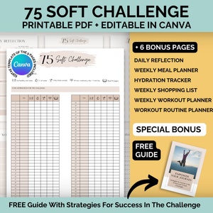 75 Soft Challenge Printable, 75 Day Soft Tracker Printable, Weight Loss Challenge, Fitness Tracker PDF, 75 Soft Editable, Soft 75 Tracker