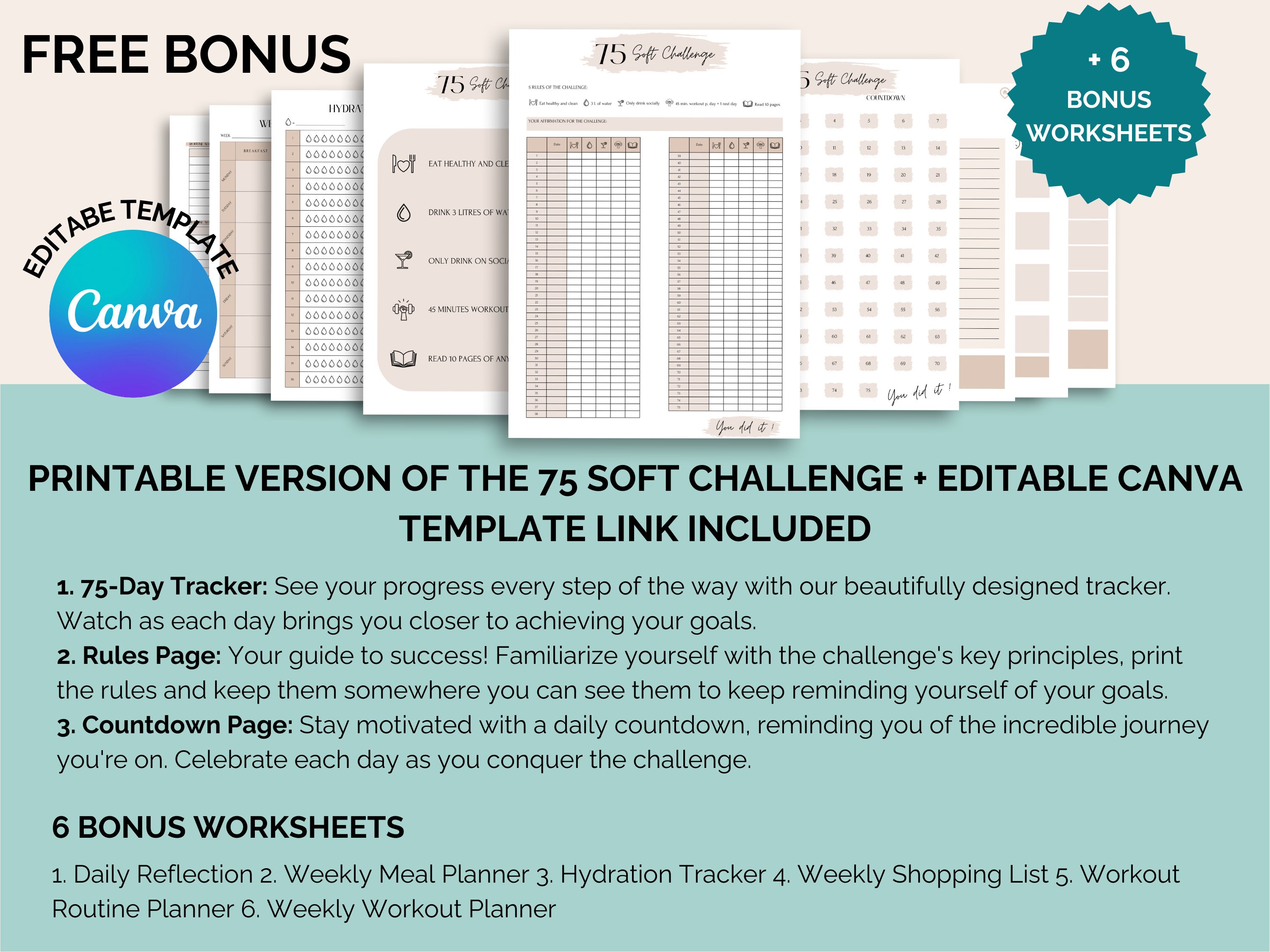 70 Soft Tracker 75 Soft Challenge Tracker Digital, Editable 75 Soft Tracker, Workout ...