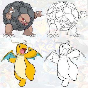 May include: A black and grey turtle Pokemon with a red eye and a yellow and blue dragon Pokemon with a blue wing and a yellow body.
