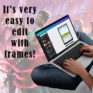 User editing Magic the Gathering card templates with frames on a laptop using Canva