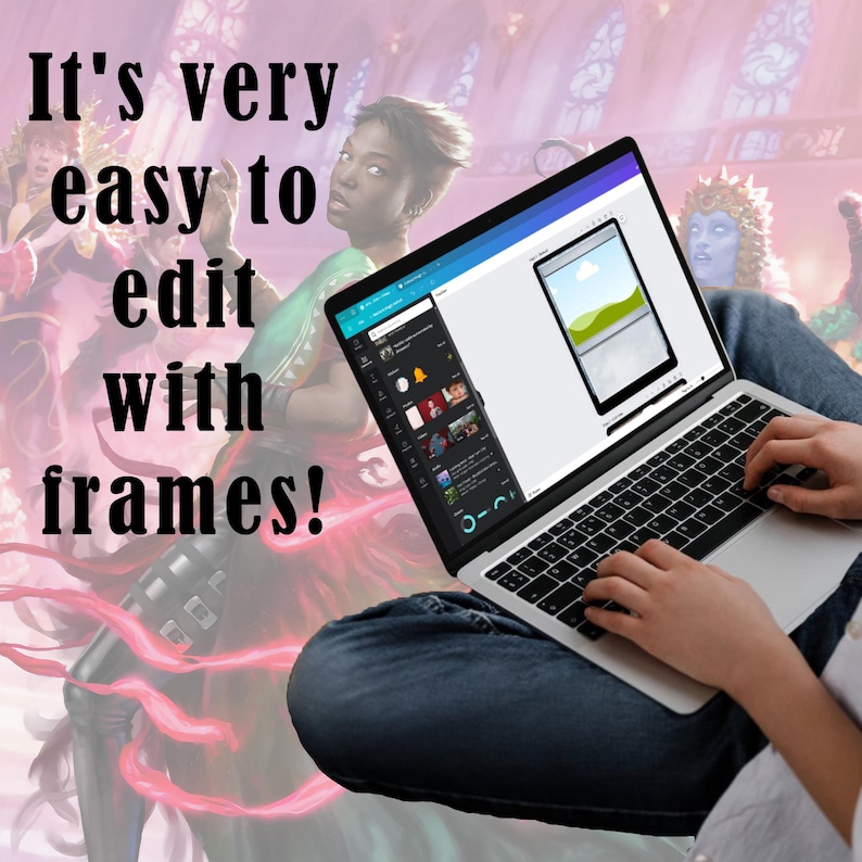 User editing Magic the Gathering card templates with frames on a laptop using Canva