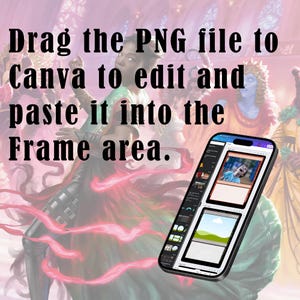 Puede incluir: Un tel&eacute;fono inteligente que muestra una pantalla de la aplicaci&oacute;n Canva con un &aacute;rea de marco para agregar un archivo PNG. El texto en la pantalla dice "Arrastra el archivo PNG a Canva para editarlo y pegarlo en el &aacute;rea del marco."
