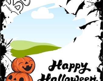 May include: A vertical rectangular graphic featuring a stack of three orange jack-o'-lanterns with black facial features. The text BOO is in the top left, and Happy Halloween is in the bottom right. Black ink splatters frame the white background.