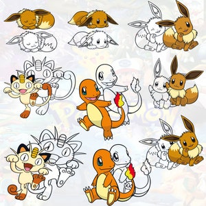 May include: A set of nine cartoon illustrations featuring various Pokemon characters. The illustrations are in black and white line art style. The Pokemon characters include Eevee, Flareon, Vaporeon, Jolteon, Espeon, Umbreon,  and  Charmander.