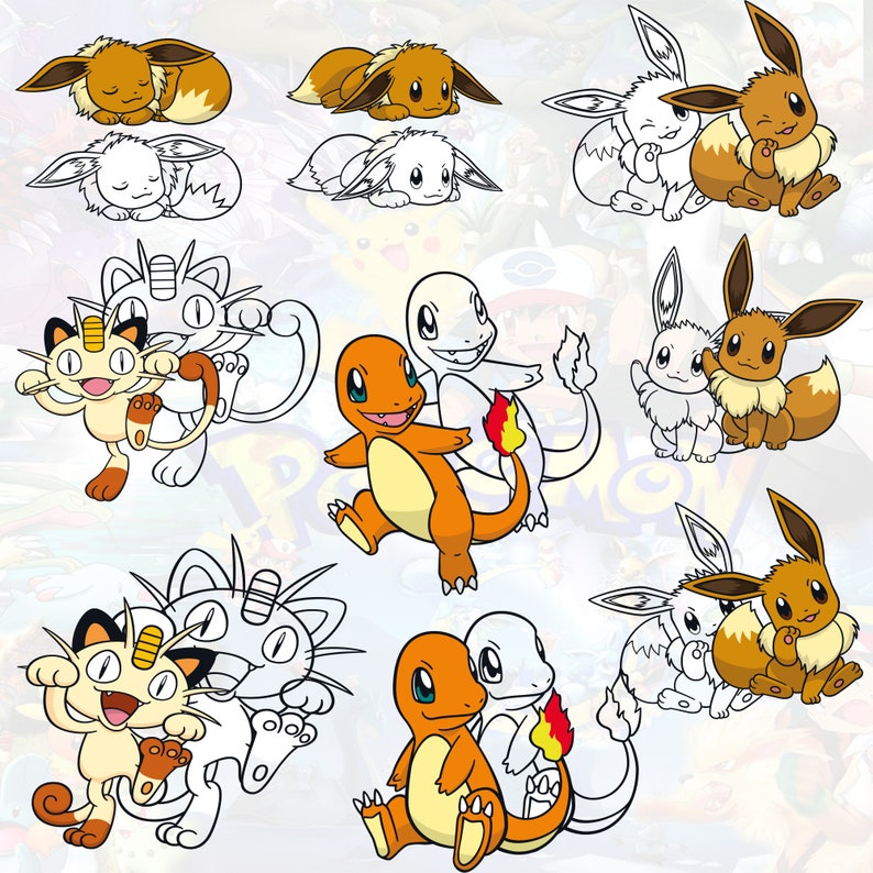 May include: A set of nine cartoon illustrations featuring various Pokemon characters. The illustrations are in black and white line art style. The Pokemon characters include Eevee, Flareon, Vaporeon, Jolteon, Espeon, Umbreon,  and  Charmander.