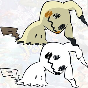 May include: Two cartoon illustrations of a Pokemon character, one in beige and one in white. Both characters have a similar design with a jagged, mask-like face and long, thin arms.