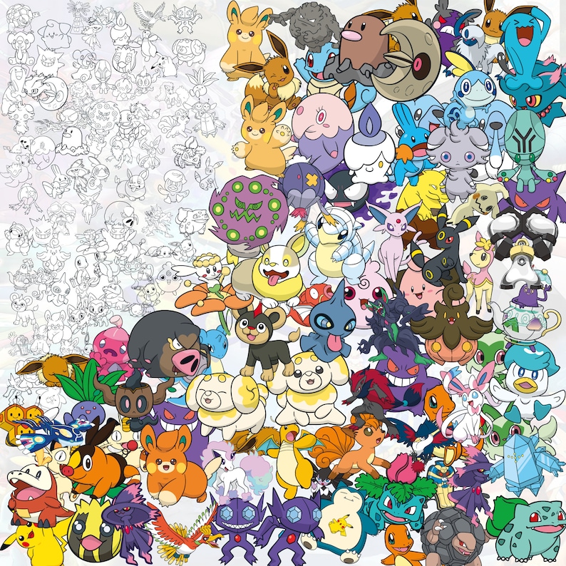 May include: A colourful illustration featuring a variety of cartoon characters, including a variety of Pok&eacute;mon, in a whimsical and playful style.