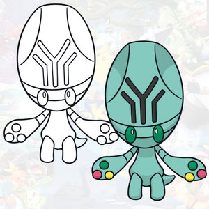 May include: A line drawing of a light blue Pok&eacute;mon with a Y-shaped design on its head and green and yellow accents on its arms. The Pok&eacute;mon is sitting on its legs with its arms outstretched.
