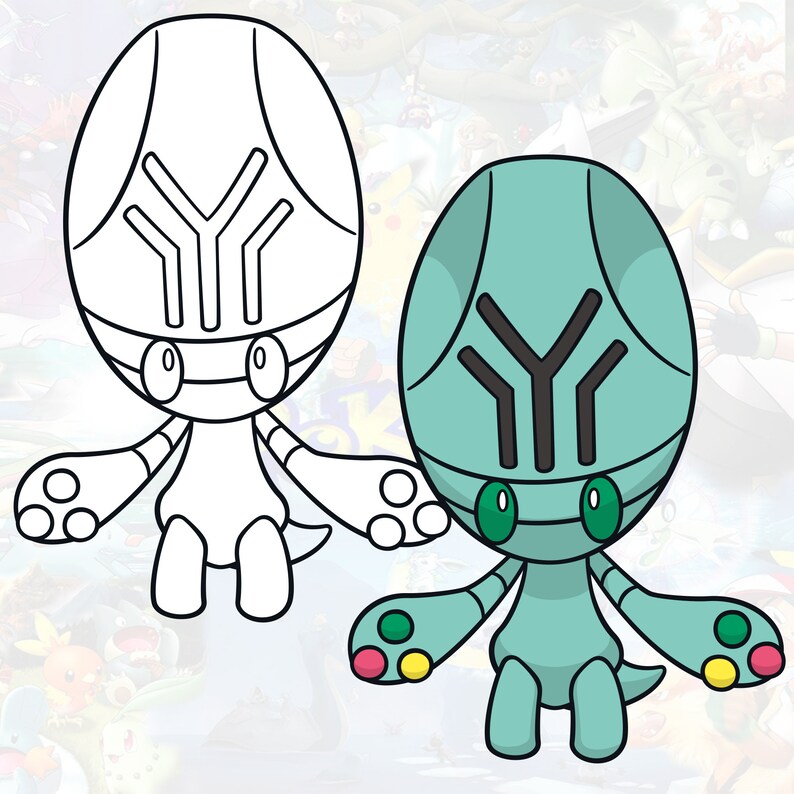 May include: A line drawing of a light blue Pok&eacute;mon with a Y-shaped design on its head and green and yellow accents on its arms. The Pok&eacute;mon is sitting on its legs with its arms outstretched.