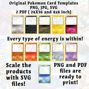 Modelli di carte Pokemon personalizzati SVG, PDF stampabile per decorazioni per feste di compleanno, file digitali PNG per la progettazione di carte personalizzate