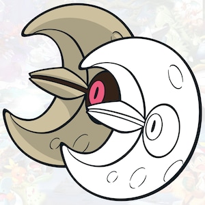 May include: A cartoon illustration of a white crescent moon with a black outline and a brown crescent moon behind it. The white moon has a large black eye and a smaller black eye. The brown moon has a pink eye.