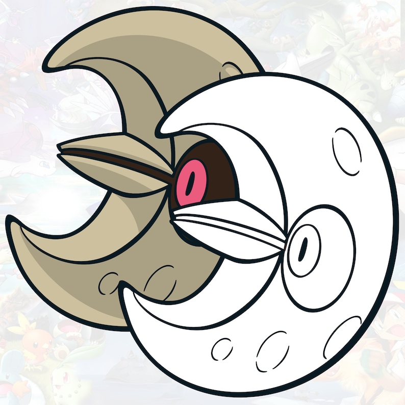 May include: A cartoon illustration of a white crescent moon with a black outline and a brown crescent moon behind it. The white moon has a large black eye and a smaller black eye. The brown moon has a pink eye.