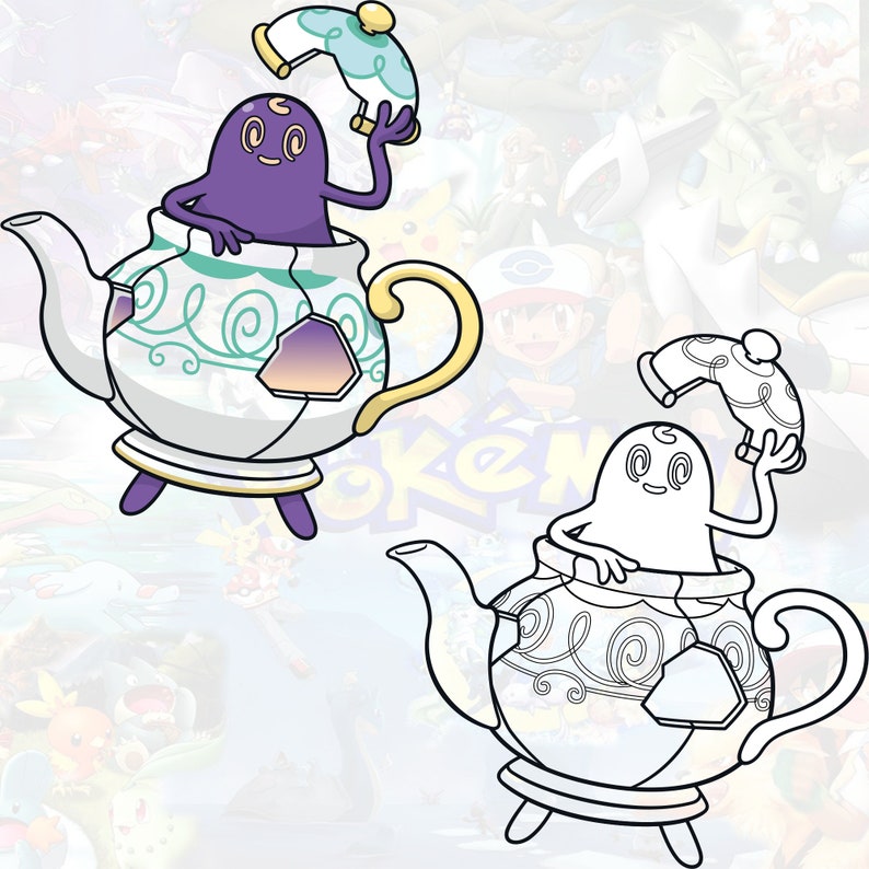 May include: A purple and white teapot with a cartoon character inside. The character is holding a lid to the teapot. The teapot has a floral design and a tea bag inside. The background is a blue and white pattern.