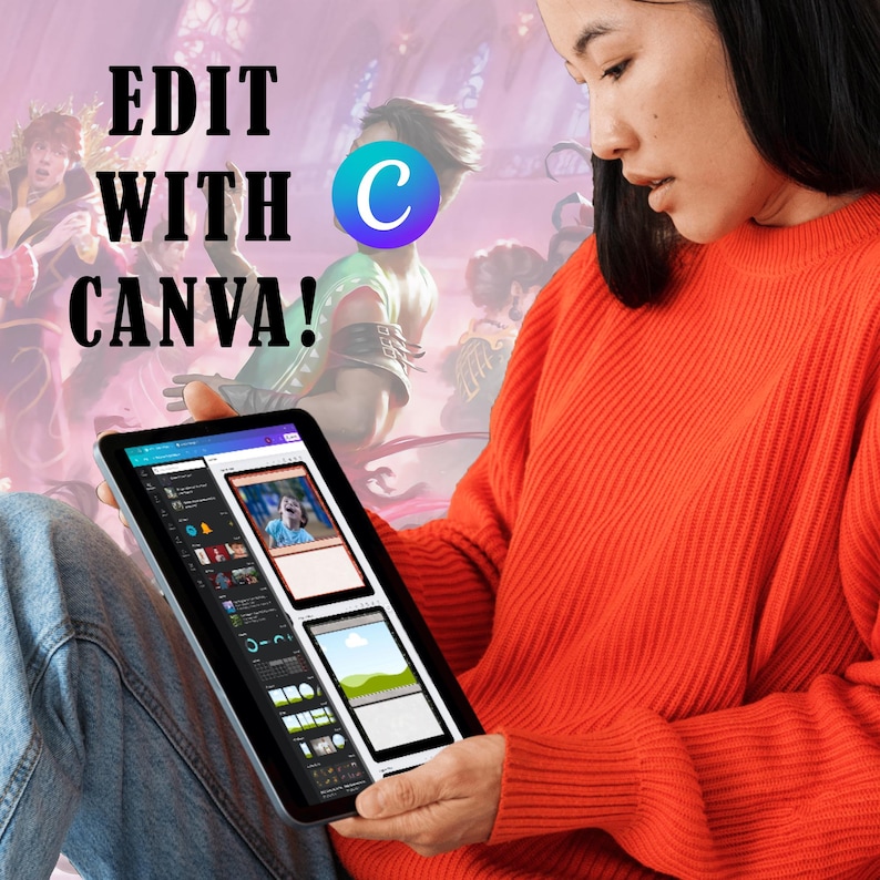 Person editing custom Magic the Gathering cards using Canva on a tablet