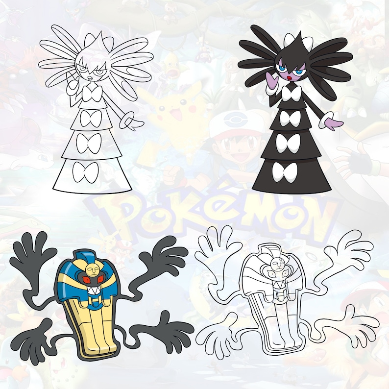 May include: Black and white line art illustration of a Pokemon character with a large, elaborate headdress and a long, flowing dress. The character is holding a microphone in one hand and has a large, expressive face. The character is surrounded by a white background.