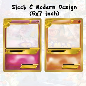 May include: Two blank Pokemon card templates with a sleek and modern design. The cards are 5x7 inches and have a gold border with a pink and orange background.