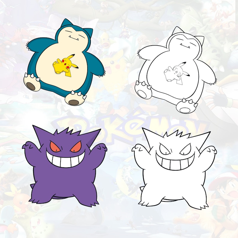 May include: Four cartoon illustrations of Pokemon characters. The top left image shows a blue and yellow Snorlax with a small yellow Pikachu sleeping on its belly. The top right image shows a black and white outline of the same Snorlax with a Pikachu. The bottom left image shows a purple Gengar with a wide grin. The bottom right image shows a black and white outline of the same Gengar.