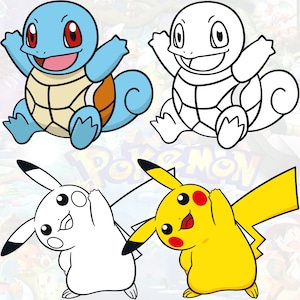 May include: A colouring page featuring two popular Pok&eacute;mon characters: Squirtle and Pikachu. Squirtle is a blue turtle Pok&eacute;mon with a brown shell, while Pikachu is a yellow mouse Pok&eacute;mon with red cheeks. Both Pok&eacute;mon are shown in a cartoon style with big eyes and smiles.