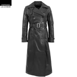 Women&#39;s Double-Breasted Black Genuine Lambskin Leather Trench Coat - Ladies Long Slim-Fit Overcoat - Belted Winter Warm Outfit Gift For Her