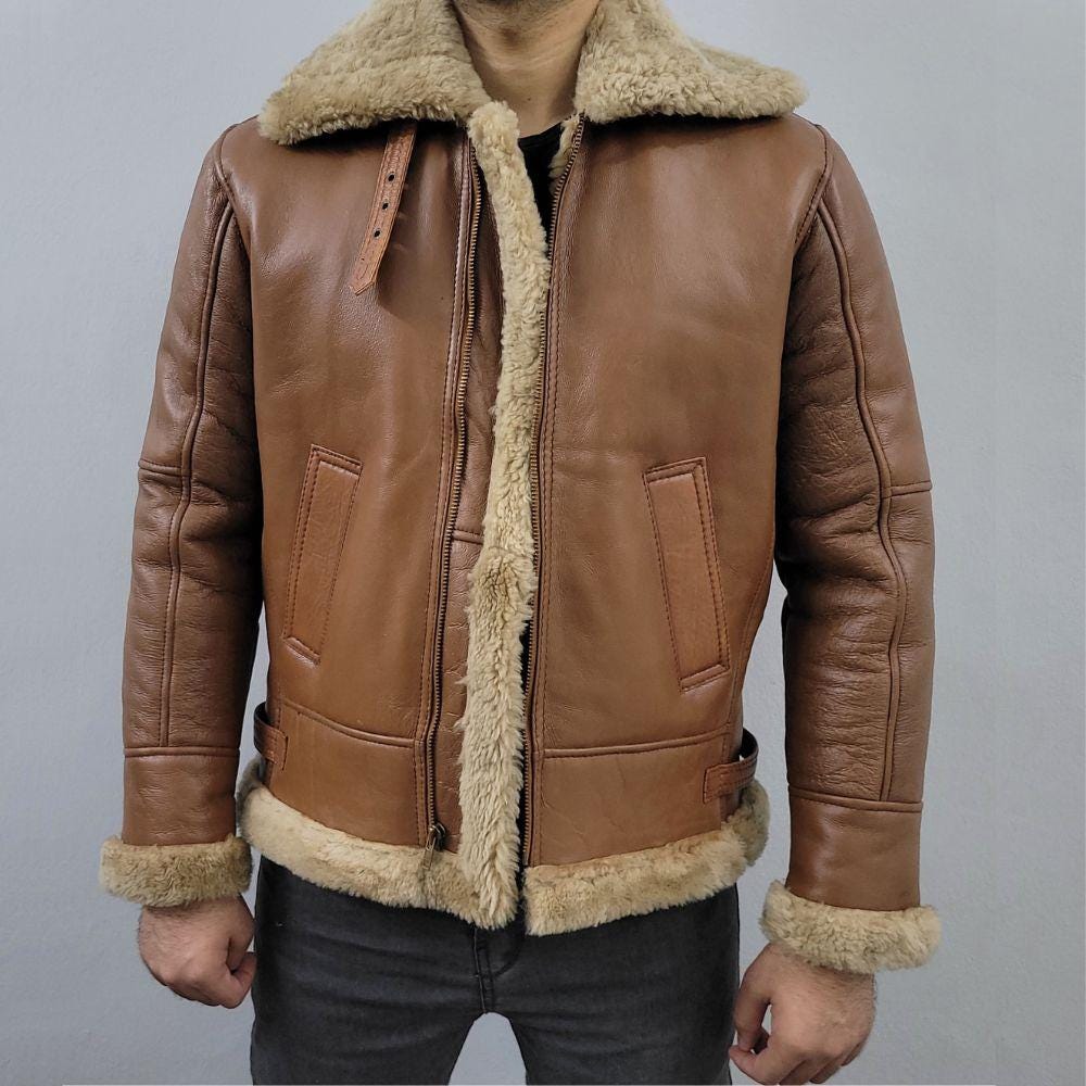 Herren Braun B2 Bomber Aviator Schaffell Lederjacke Lammkragen
