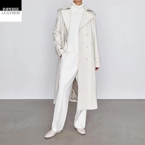 Women&#39;s Single-Breasted White Genuine Lambskin Leather Trench Coat - Ladies Long Slim-Fit Overcoat - Belted Winter Warm Outfit Gift For Her