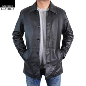 Men&#39;s Classic Mid-Length Leather Car Coat - Polo Collar Black Real Lambskin Outerwear Coat - Winter Warm Casual Outfit Man&#39;s - Gift For Him
