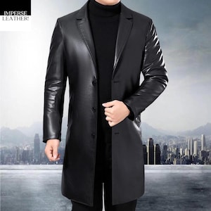 Men&#39;s Black Genuine Leather Car Coat - Mid-Length Cowhide Nappa Leather Outerwear - Casual, Party, Cocktail, Travel Outfit - Gift For Him