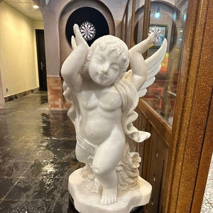 Italian Marble Carving Baby Angel Statue, Garden Decor,Carrara Angel Figurine,Good Luck Art,Spiritual Gift,Religious Marble Art,Museum Decor