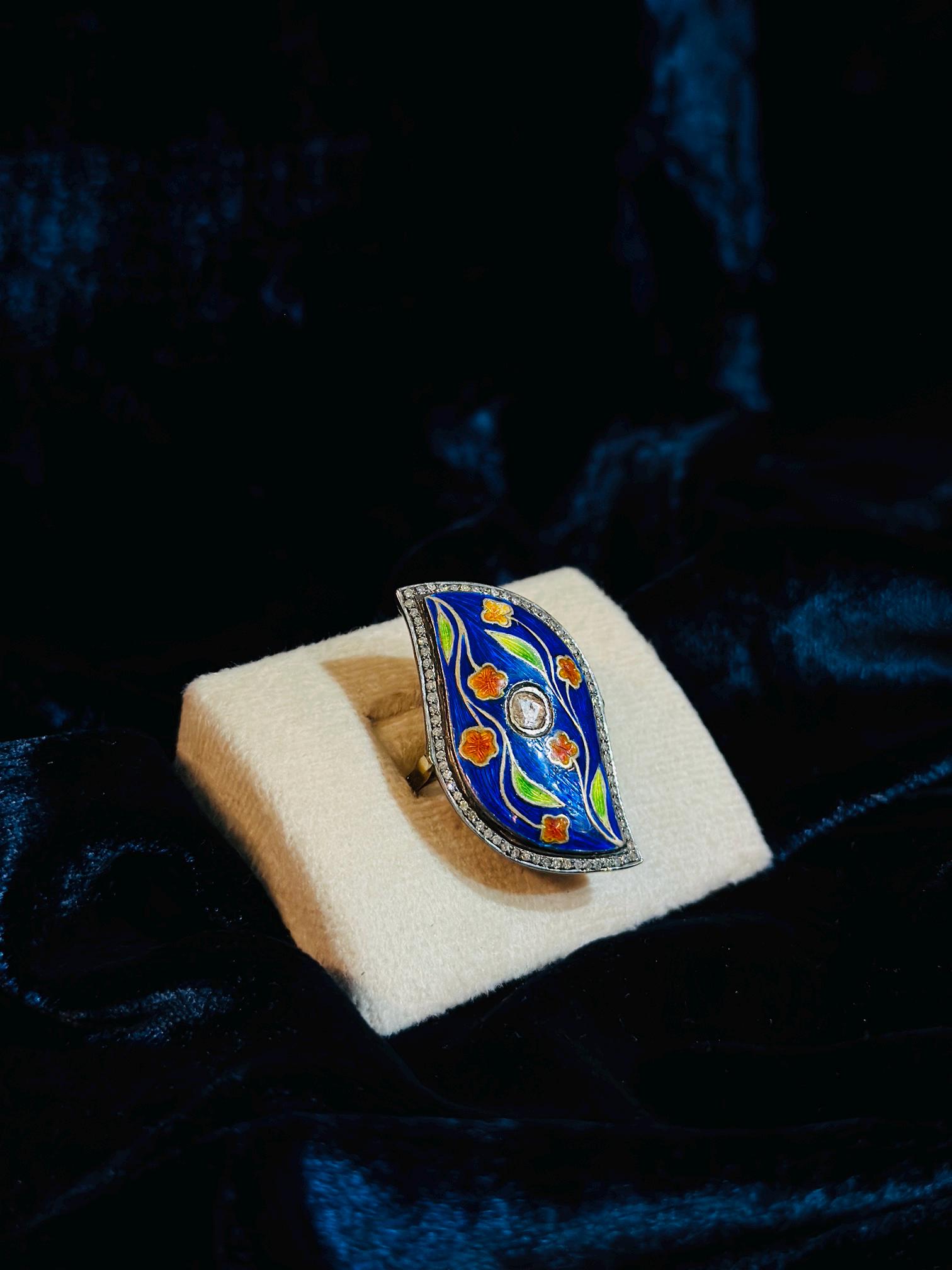 18K Solid Gold, Enamel Ring, Colorful Ring, Vintage Cloisonné, Hand ...
