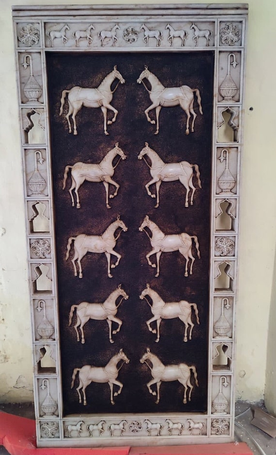 Hand Carved Marble Horse Panel - Mughal Style Hand Carved Marble Horse Panel - Mughal Style
